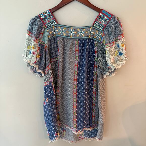 Johnny Was Embroidered Kichica Padme Blouse Silky Patchwork Embroidered Sz XS - Picture 7 of 14